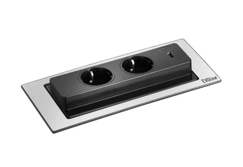 EVOline BackFlip børstet stål 2x stikk, 1x 2,1A USB lader
