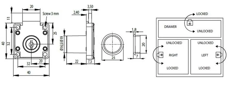 Møbellås, Hus for dør venstre, MIC850 Ø19x22mm