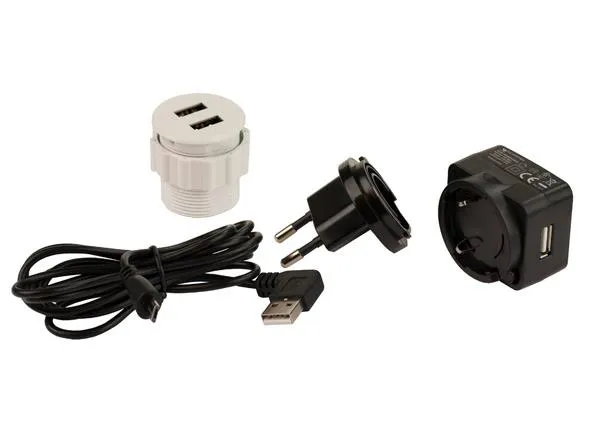 Dobbel USB lader, rund Ø35mm, SØLV ABS, m/1,5m kabel